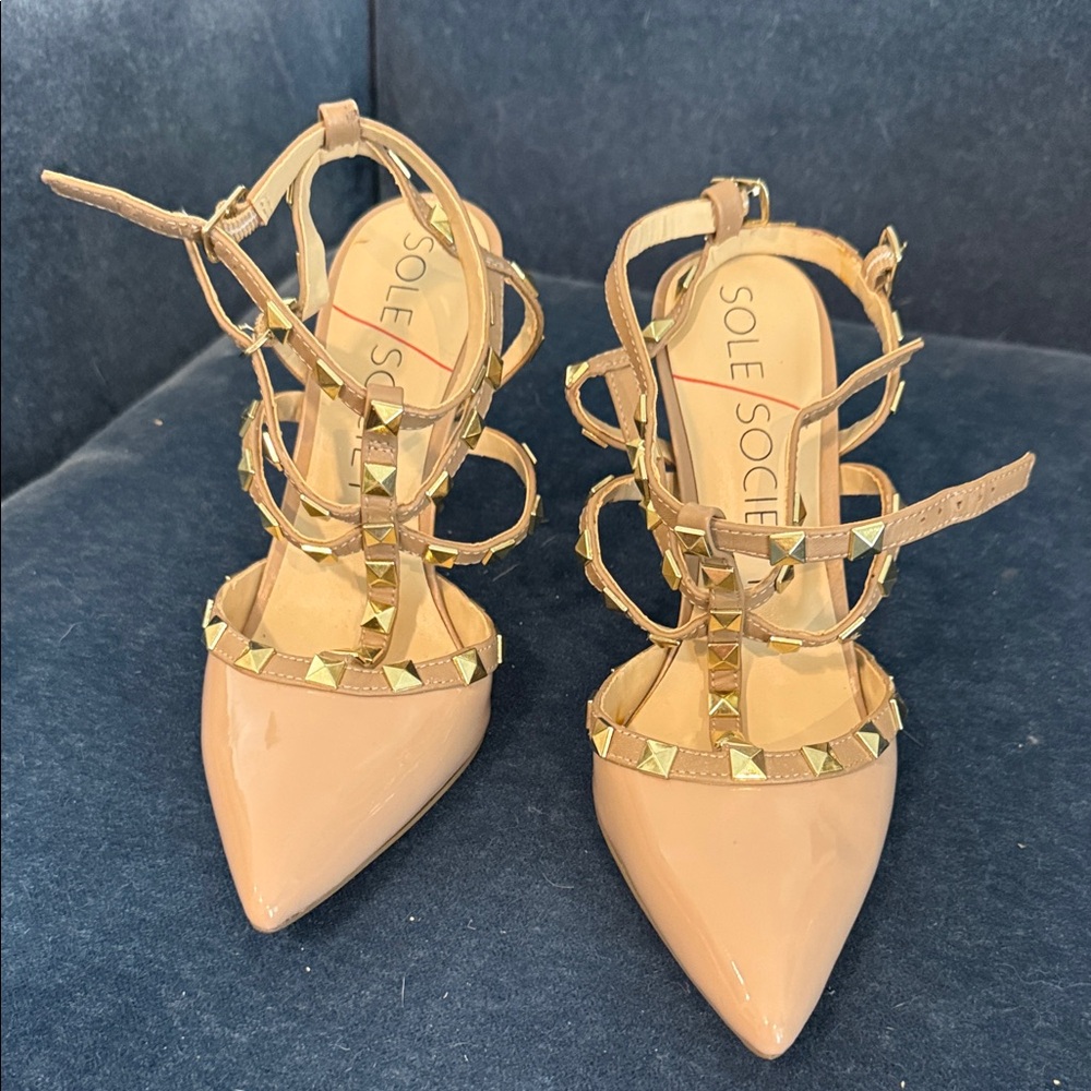 Sole Society Nude Patent Pointed Toe Studded Strappy Heels